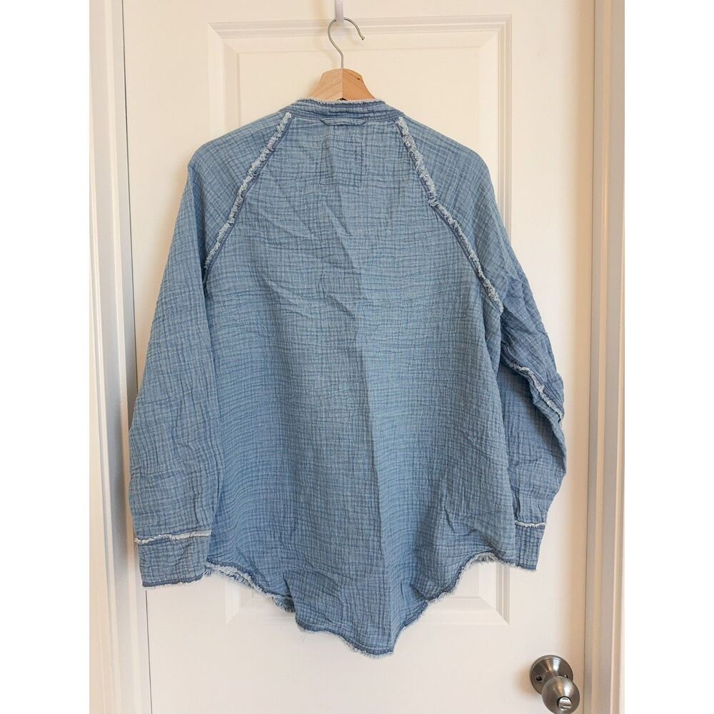 Aerie Blue Textured Raw Edge Oversized Button Down Shirt Size XS